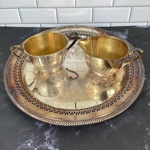 Vintage Wm Rogers Silver Plated 12.5" Platter #170 & Cream & Sugar Set #2460